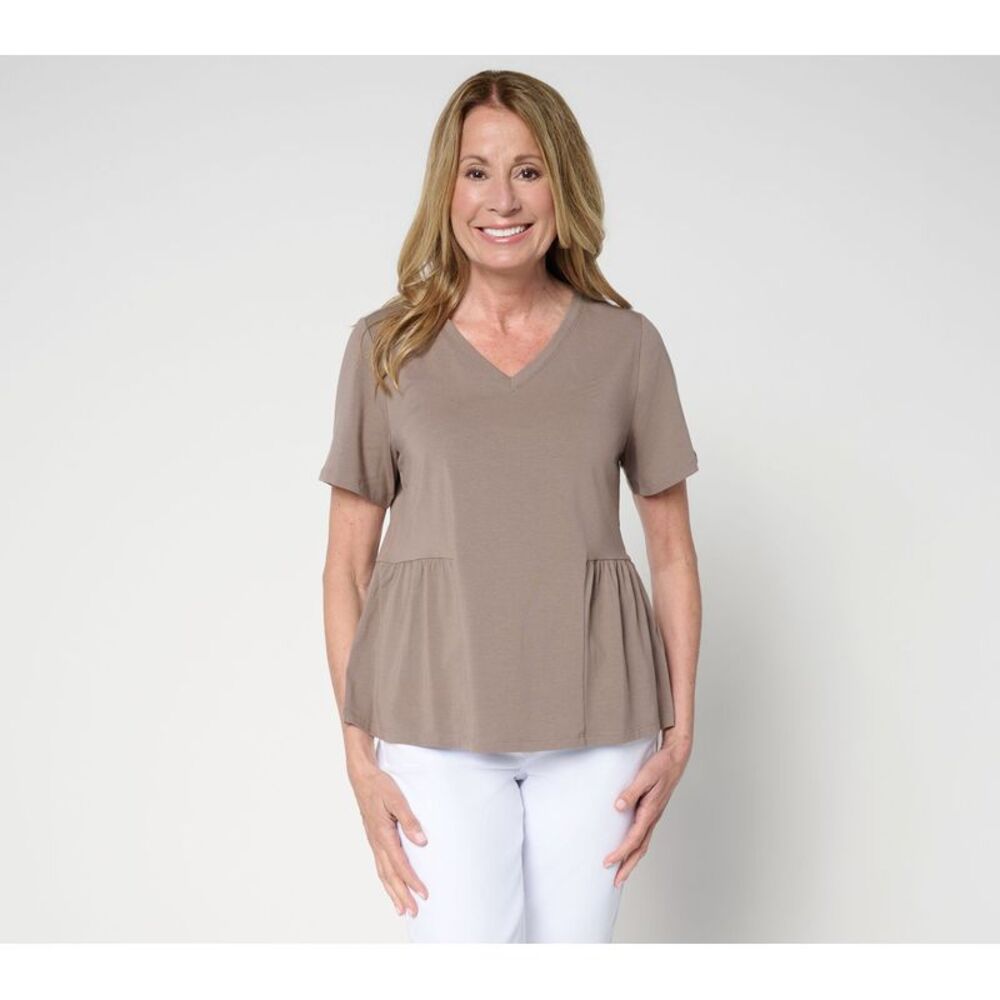 Anybody Women's Top Sz XL Cozy Knit Jersey Short Sleeve Peplum Brown A703387